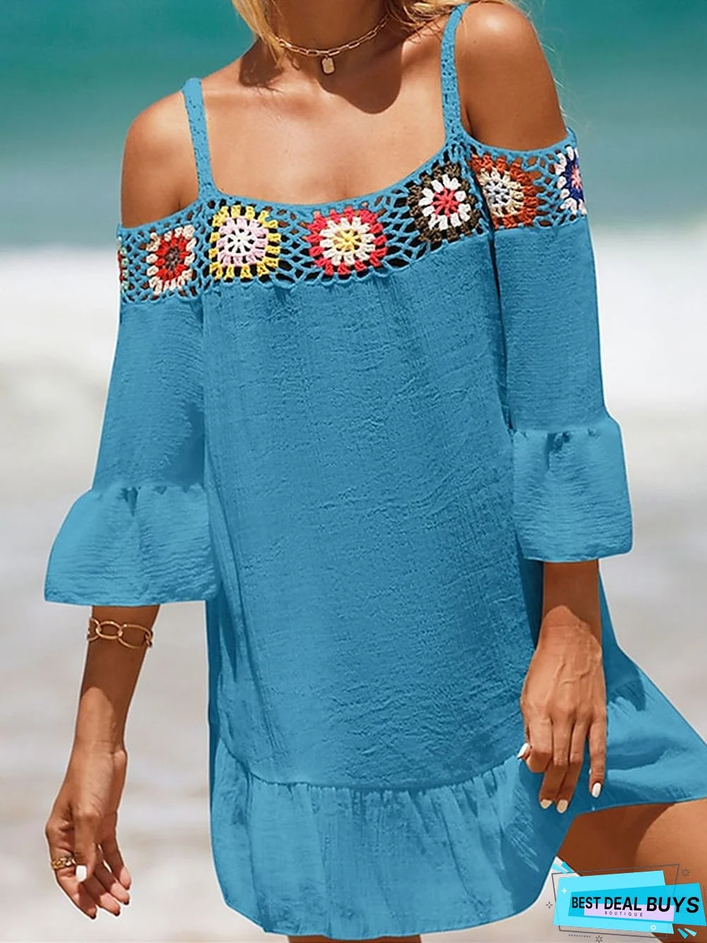 Women's Cover Up Beach Dress Beach Wear Mini Dress Ruffle Backless Ethnic Casual Floral Spaghetti Strap 3/4 Length Sleeve Loose Fit Outdoor Daily Black White 2023 Spring Summer One Size