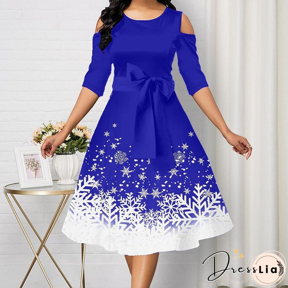 Women Fashion Belted Snowflake Print Christmas Dress Cold Shoulder Round Neck Party Dress Plus Size A-Line Dresses