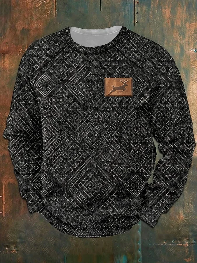 Men's Retro Textured Western Elk Print Raglan Crew Neck Sweatshirt