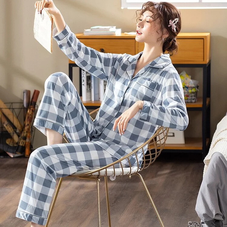 Plaid Long Sleeve Women Pajama Set Button Top+Pants Pyjamas Polka Dot Pajamas Sleepwear Homewear Suit Matching Sleep Pyjamas
