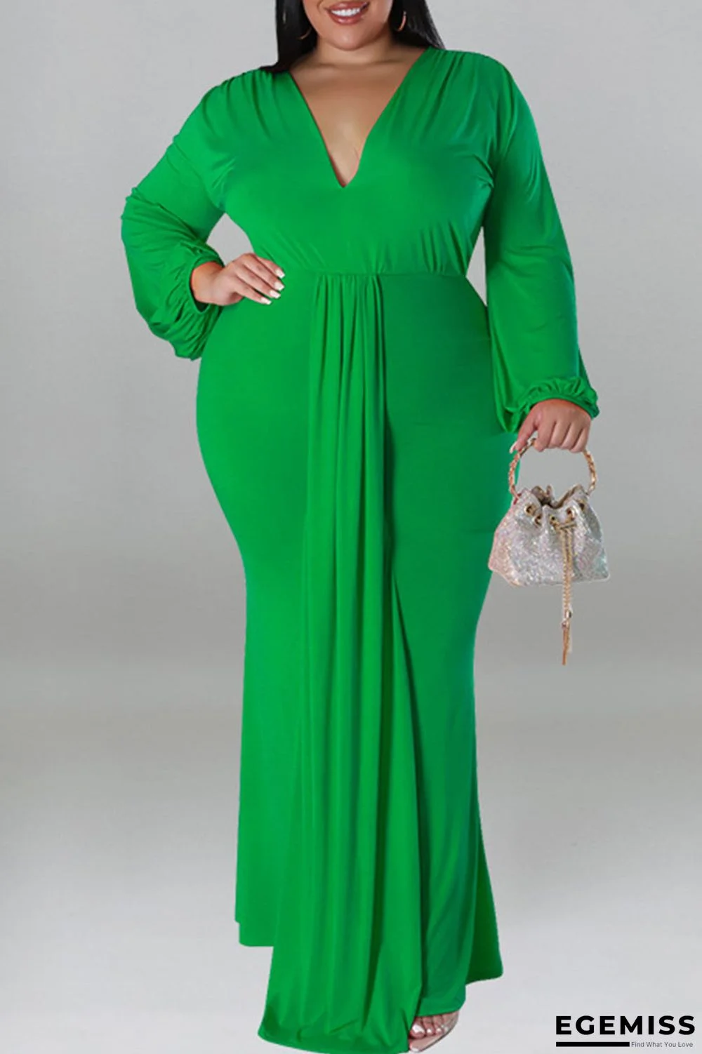Green Elegant Solid Patchwork V Neck Long Sleeve Plus Size Dresses | EGEMISS