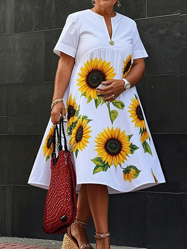 Pleated Flower Print Short Sleeves Loose V-Neck Midi Dresses