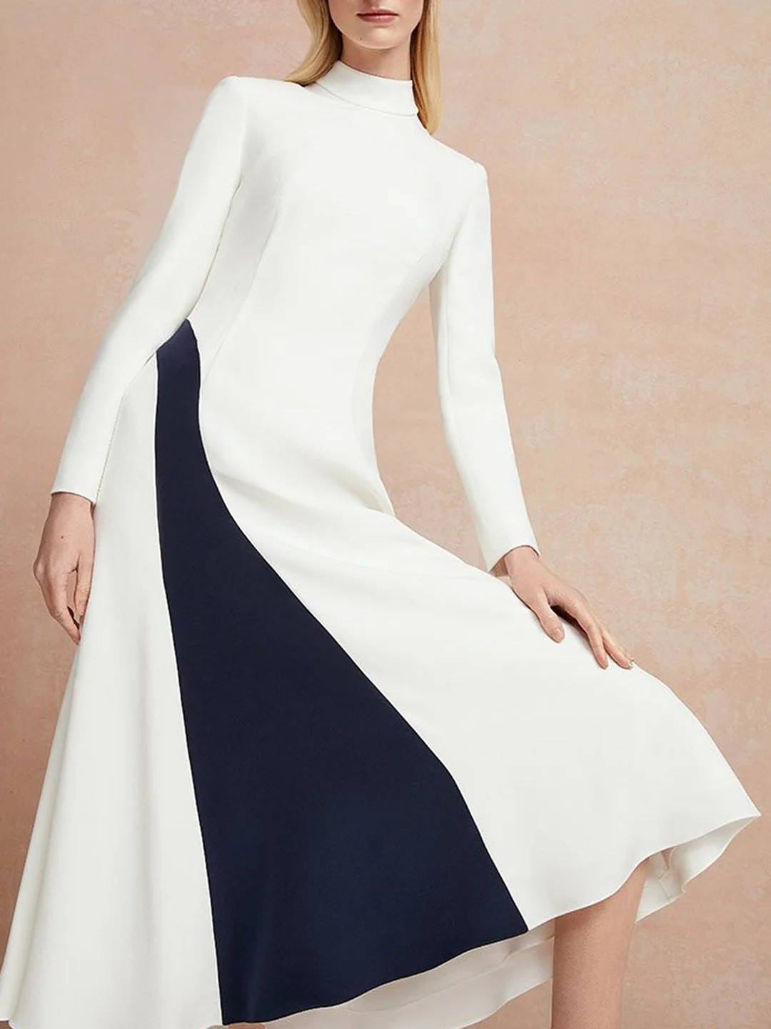 Turtleneck White A-Line Elegant Midi Dress