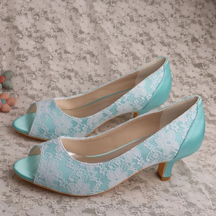 Cyan Wedding Shoes Lace Heels Peep Toe Kitten Heel Pumps |FSJ Shoes
