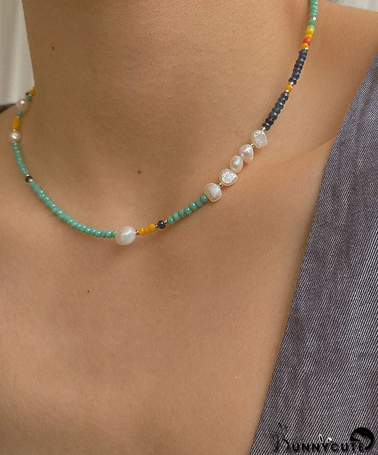 Beautiful Green Stainless Steel Overgild Pearl Crystal Necklace