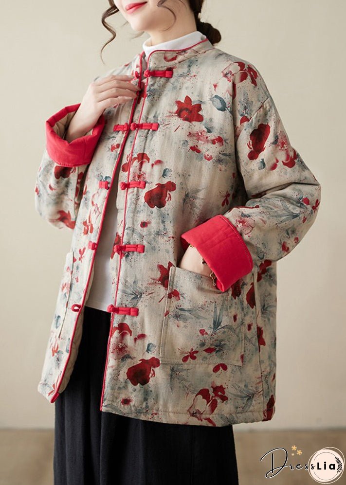 Vintage Print Button Pockets Thick Parka Stand Collar Winter