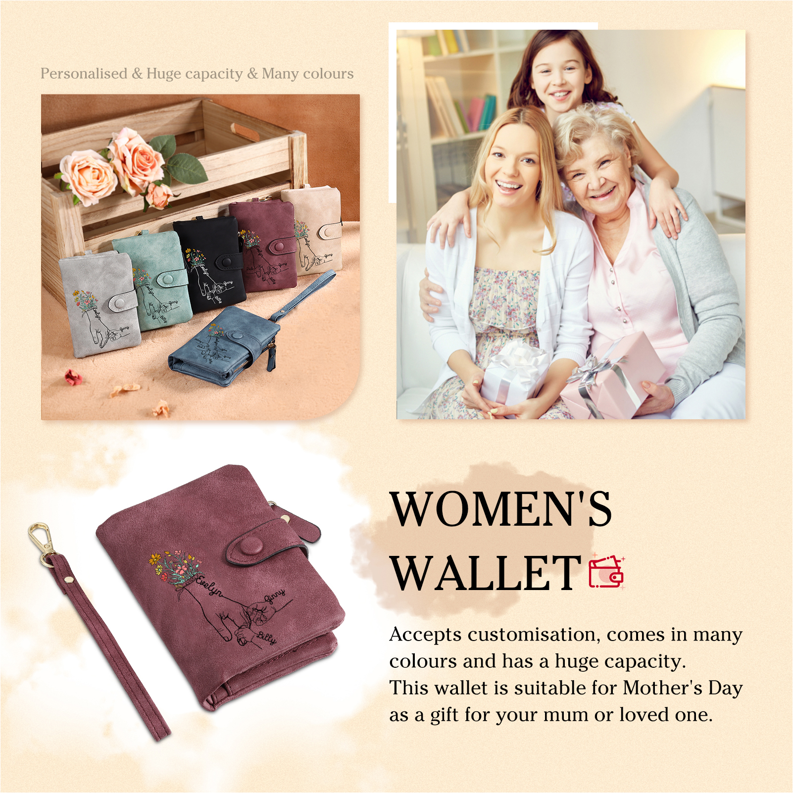 Portafoglio in PU pelle fiore mano con 3 nomi personalizzati per mamma/nonna