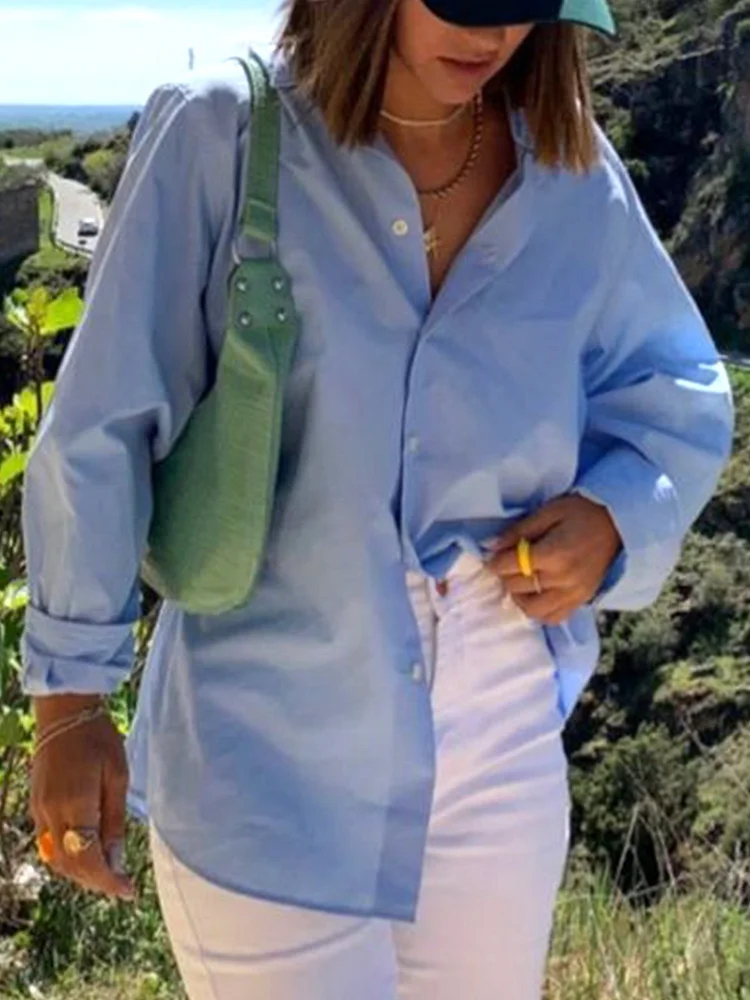 Blue Loose Shawl Collar Plain Buttoned Blouse