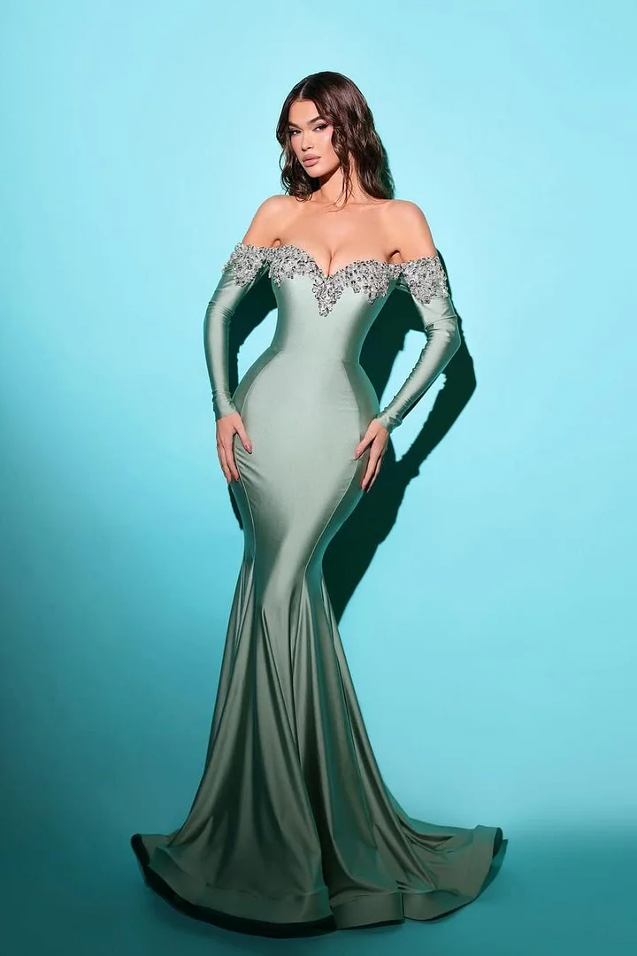 Lvs&Broner Off the Shoulder Sweetheart Long Sleeves Long Prom Dress With Beading