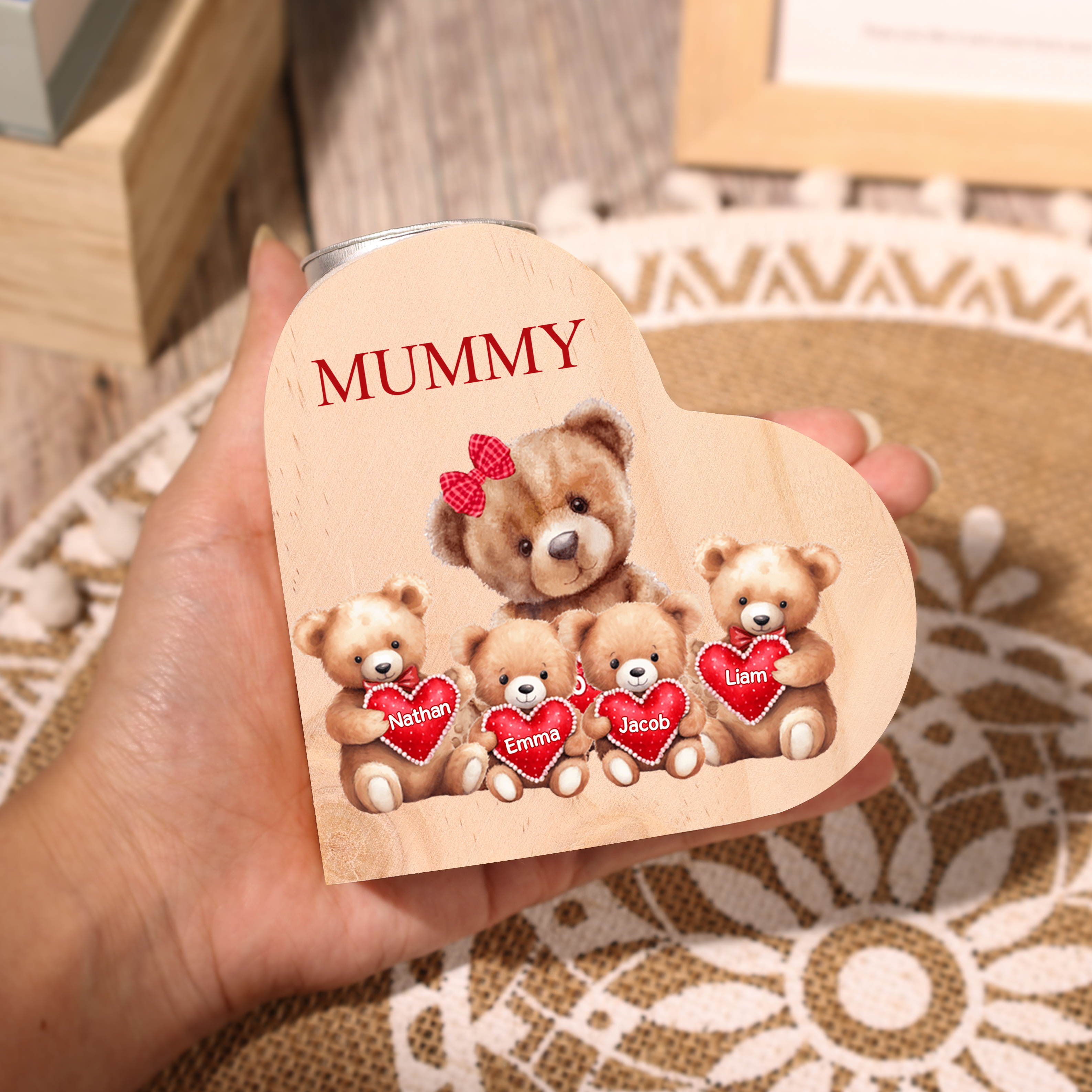 Personalised 4 Names & 1 Text Candle Holder Teddy Bear Wooden Candlestick Gifts for Grandma/Mother-Jessemade AU
