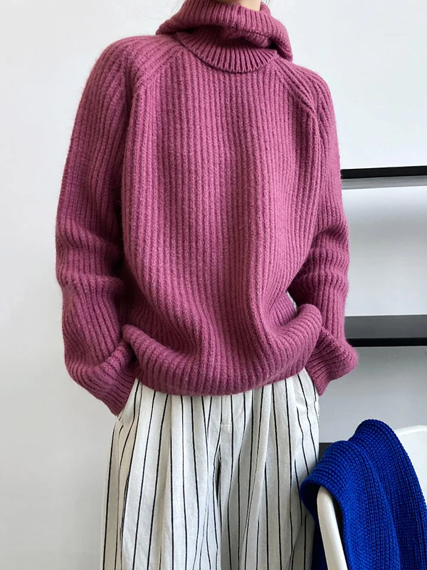 Casual Roomy Long Sleeves Pure Color Round-Neck Sweater Tops
