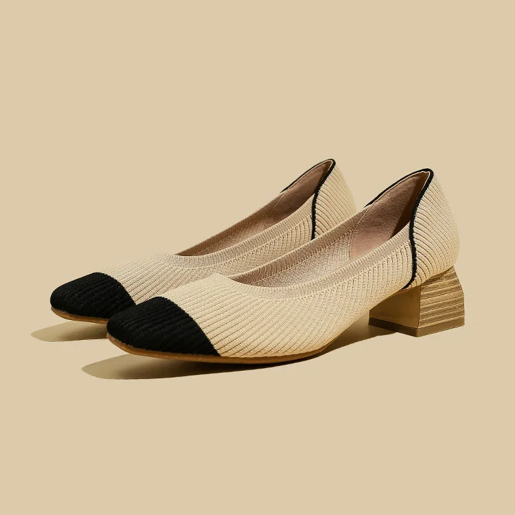 Stunahome V-KNIT Apricot Black Square-Toe Block Heel   Stunahome.com