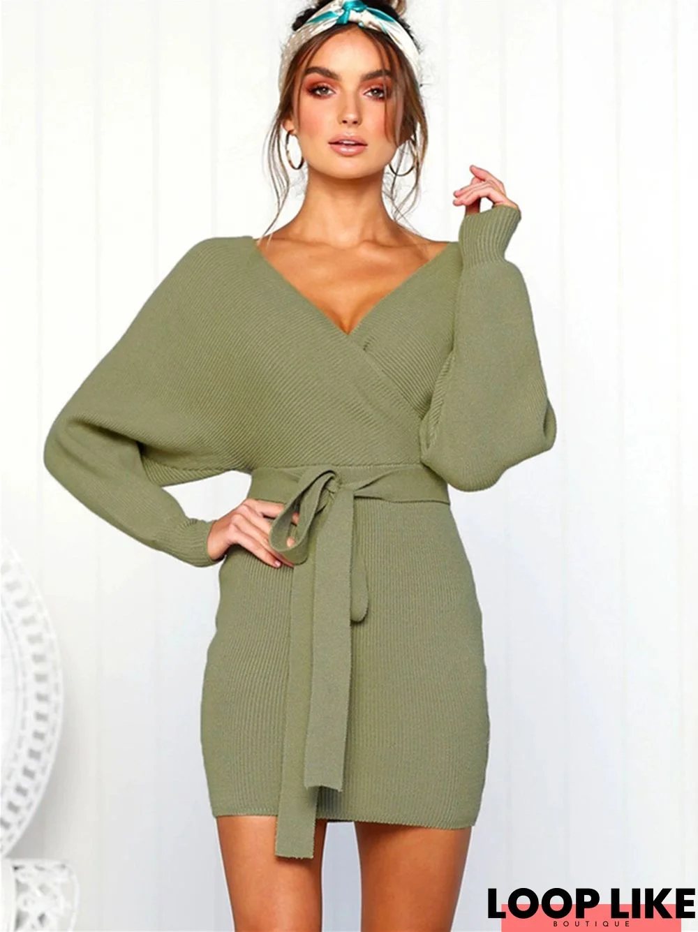 Solid Sexy Lace-Up V-Neck Wrapped Hip Long-Sleeved Dress