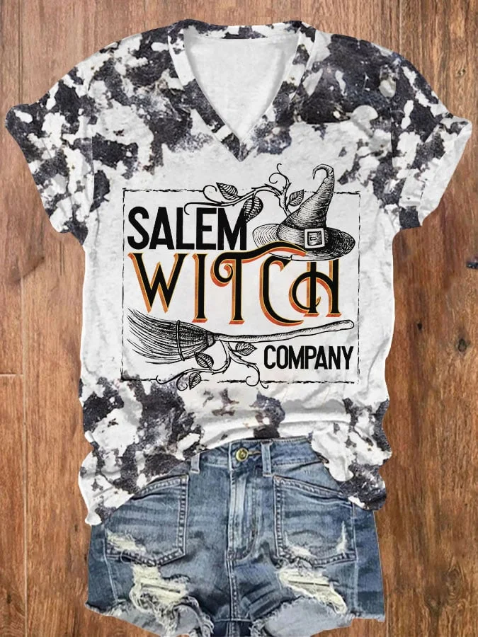 Women's Vintage Salem Witch Company Print V Neck T-Shirt