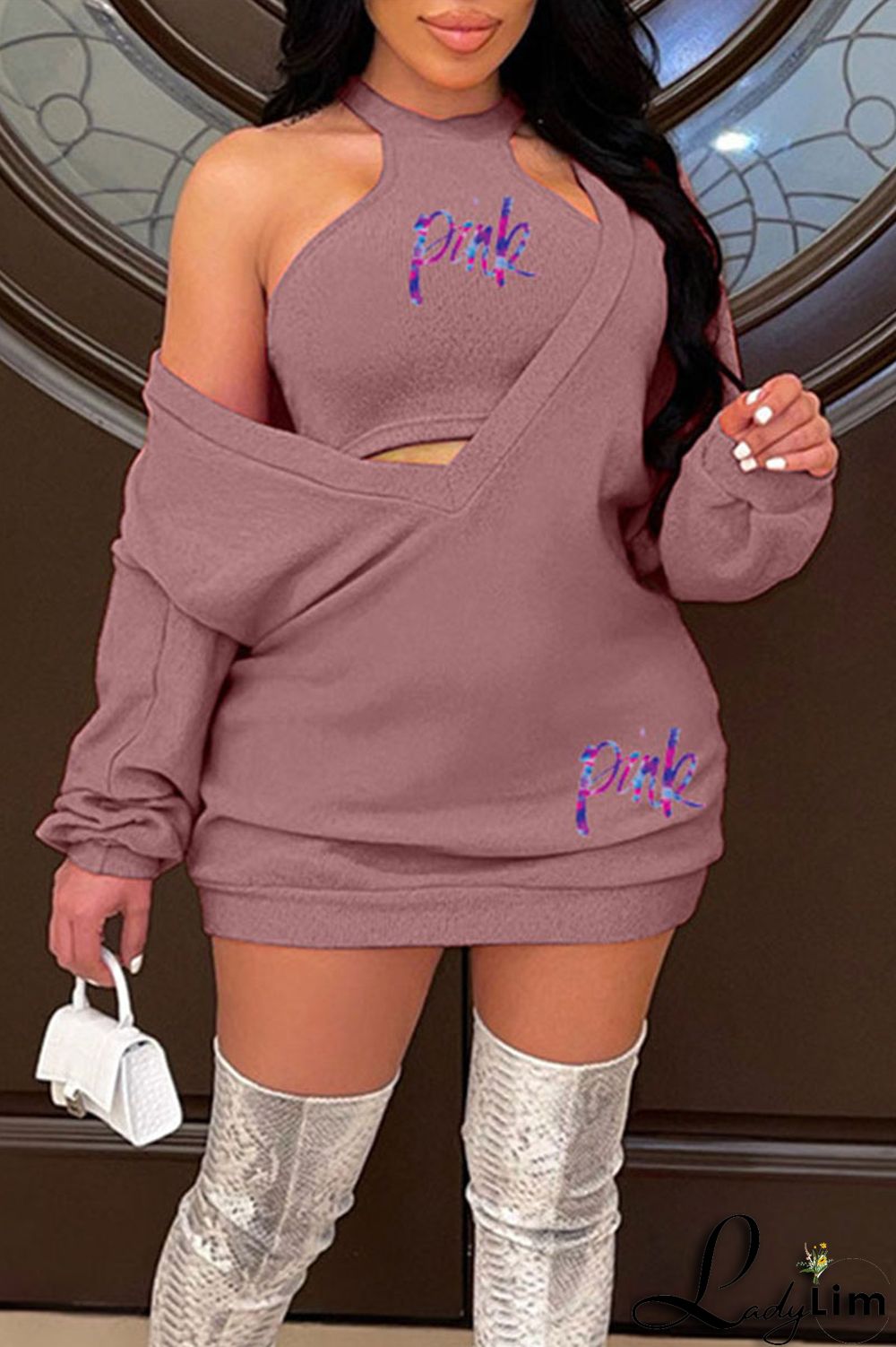 Green Sexy Print Patchwork V Neck Long Sleeve Two Pieces