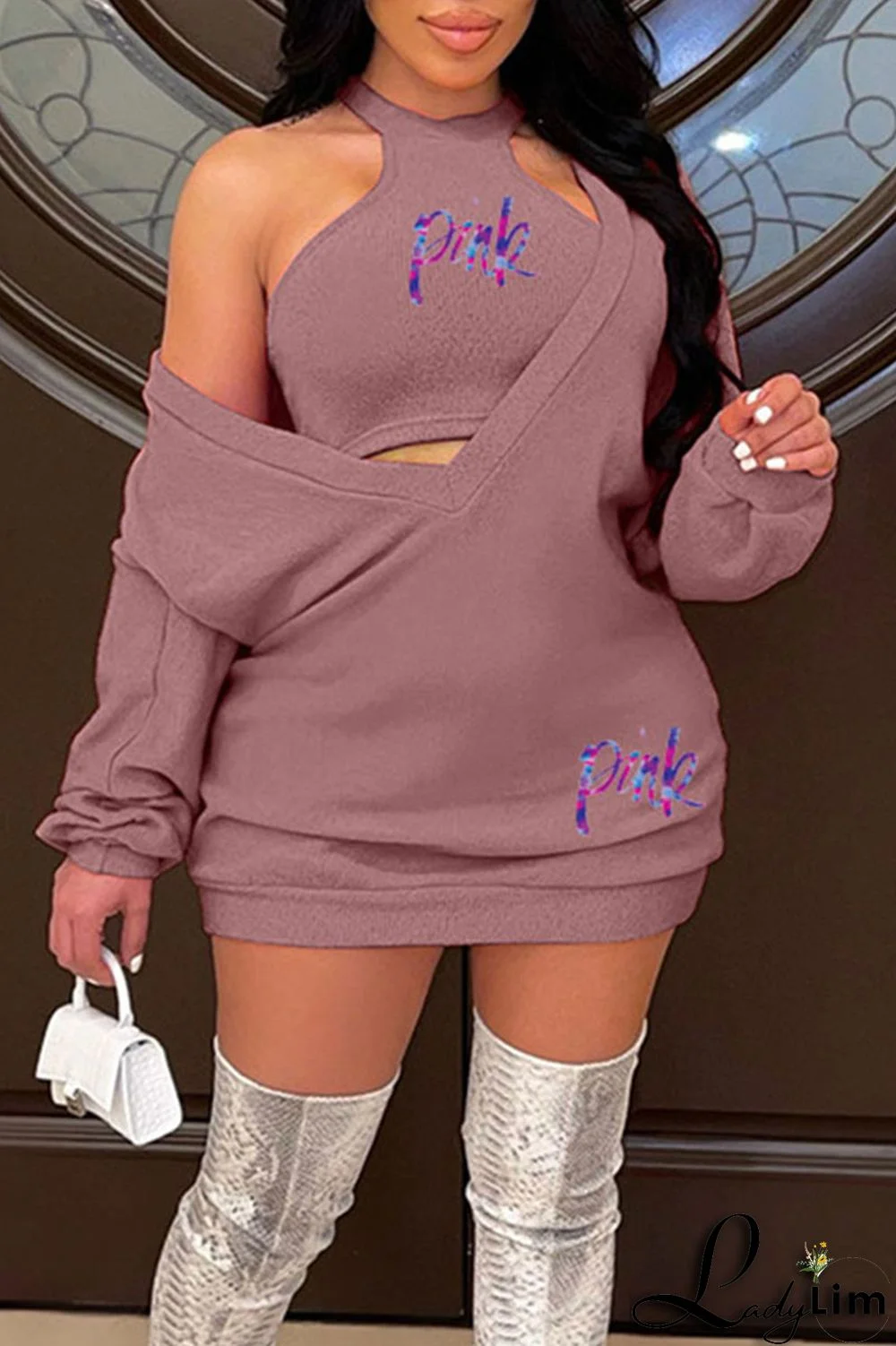 Green Sexy Print Patchwork V Neck Long Sleeve Two Pieces