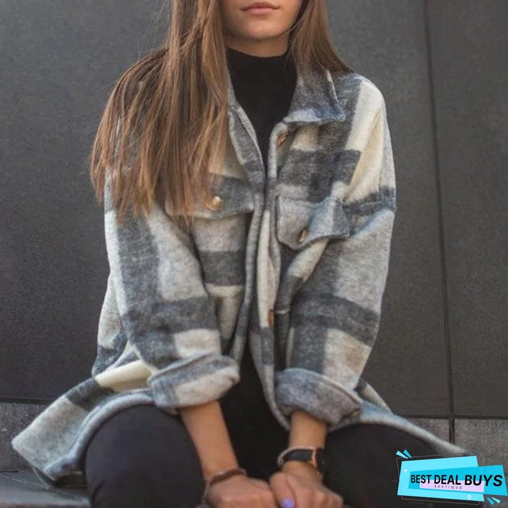 Long Sleeve Lapel Loose Plaid Casual Jacket