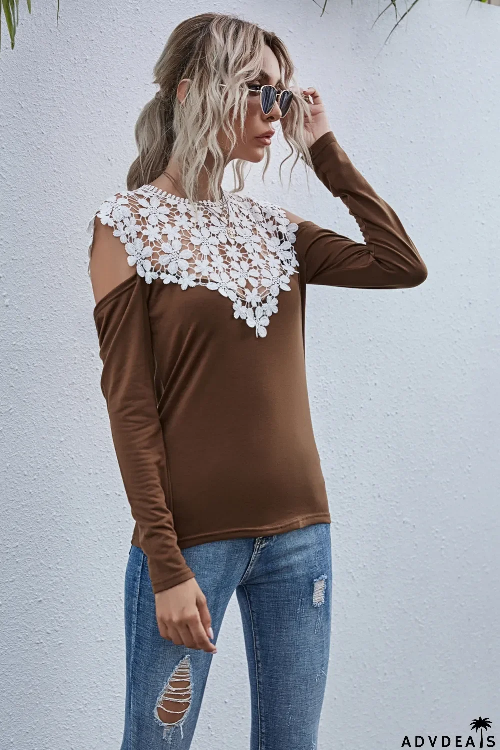 Autumn Lace Upper O-Neck Cut Out Sexy Shirt