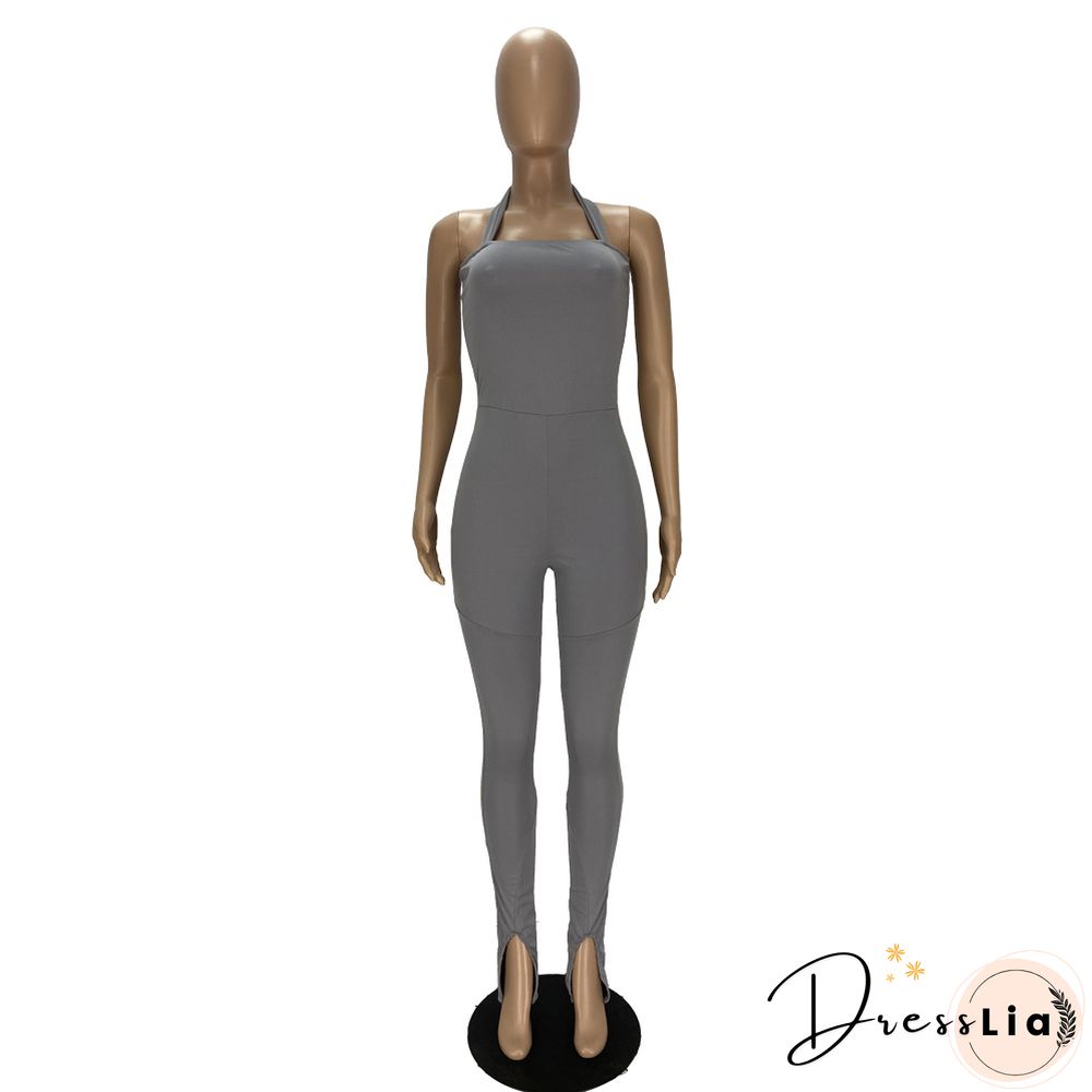 Women Solid Color Sportswear Sleeveless Halter Bodycon Jumpsuits