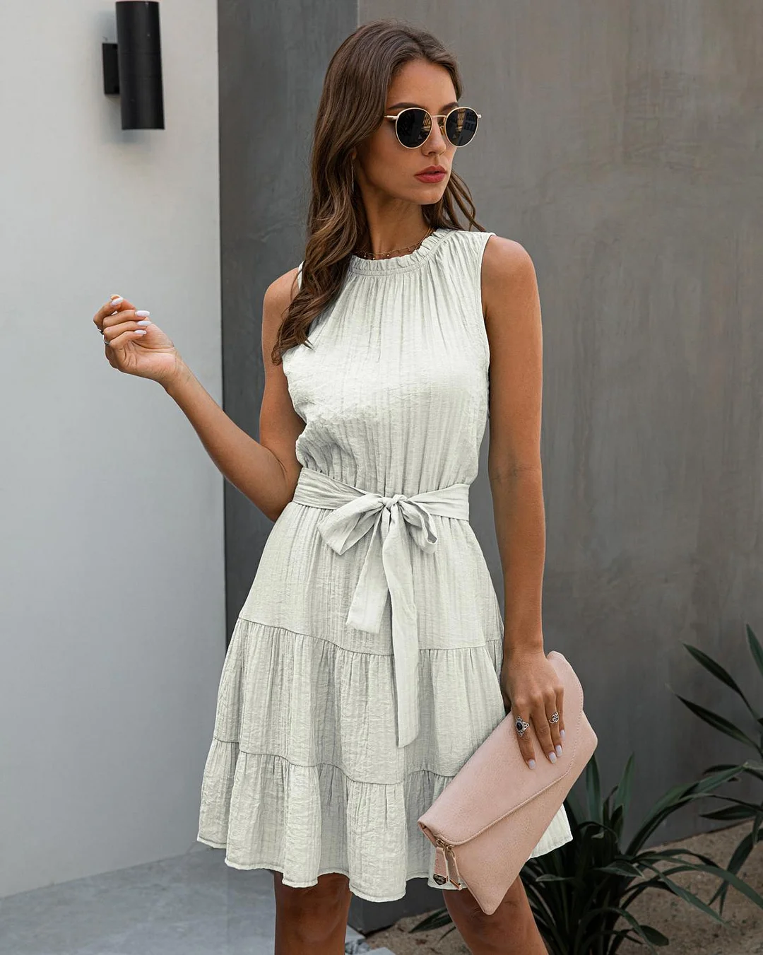 Summer Sleeveless Women Dress Fashion Loose Belt Casual Dresses Ladies White Round Neck Short Beach Women Mini Dress