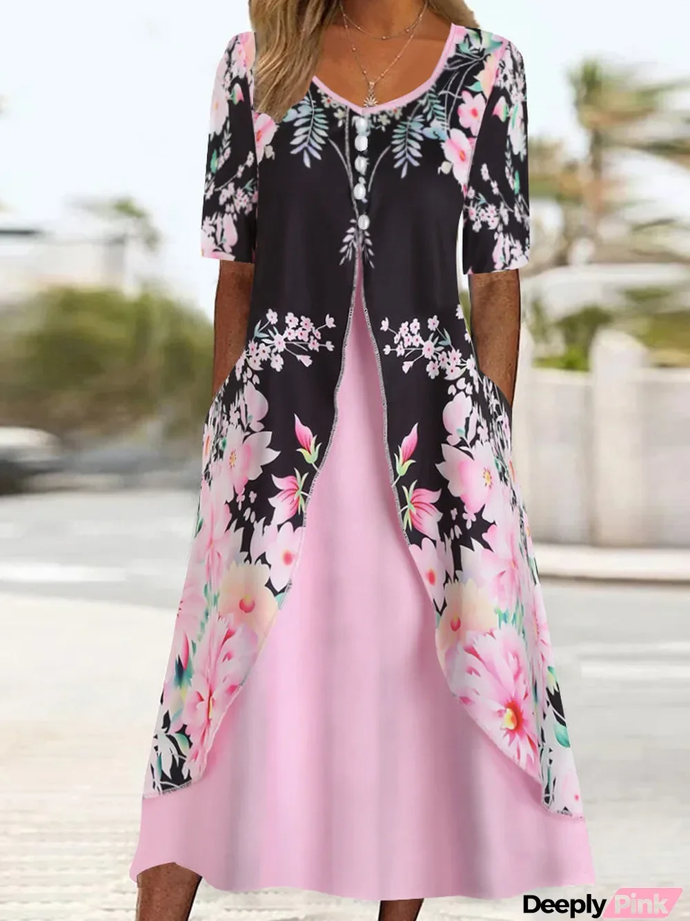 Women's Half Sleeve V-neck Graphic Floral Printed Midi Dress