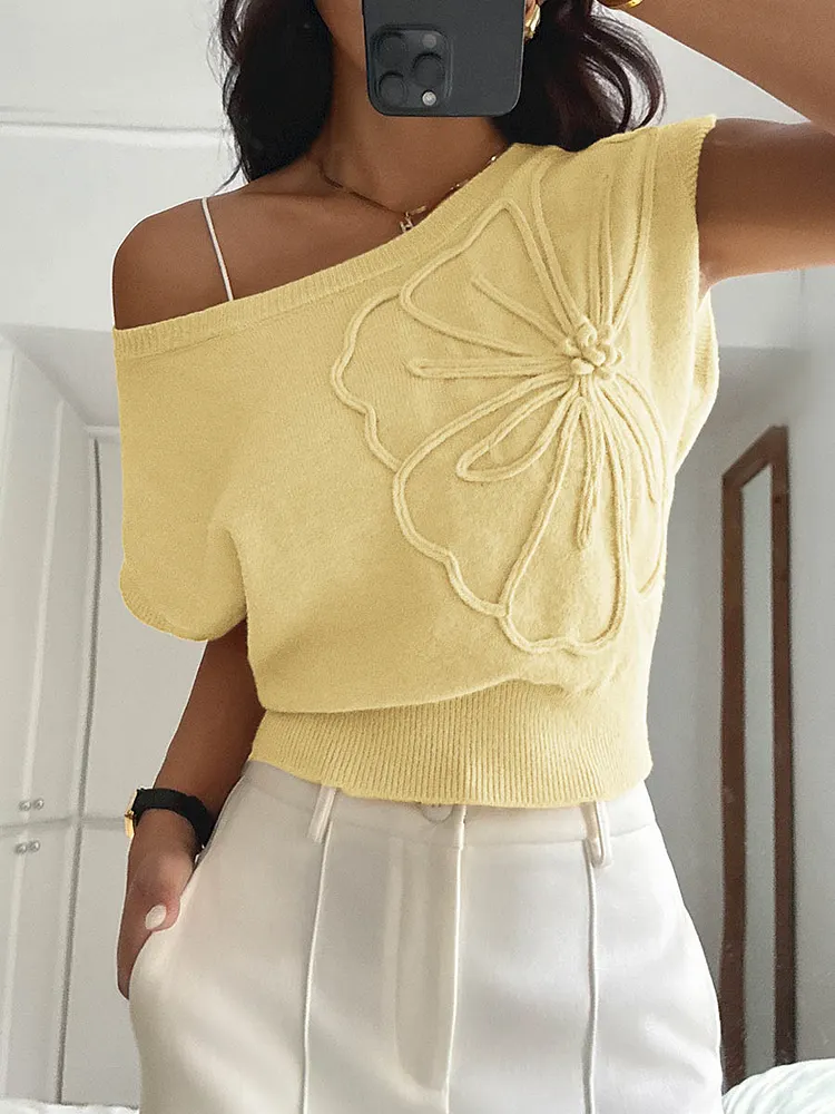 Flower-Embellished Solid Color Split-Joint Short Sleeves One-Shoulder Sweater Tops