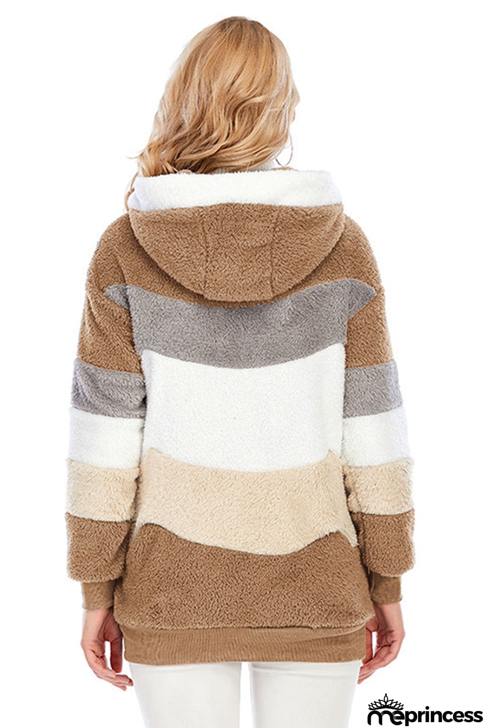 Colorblock Zip Up Sherpa Coat with Hooded