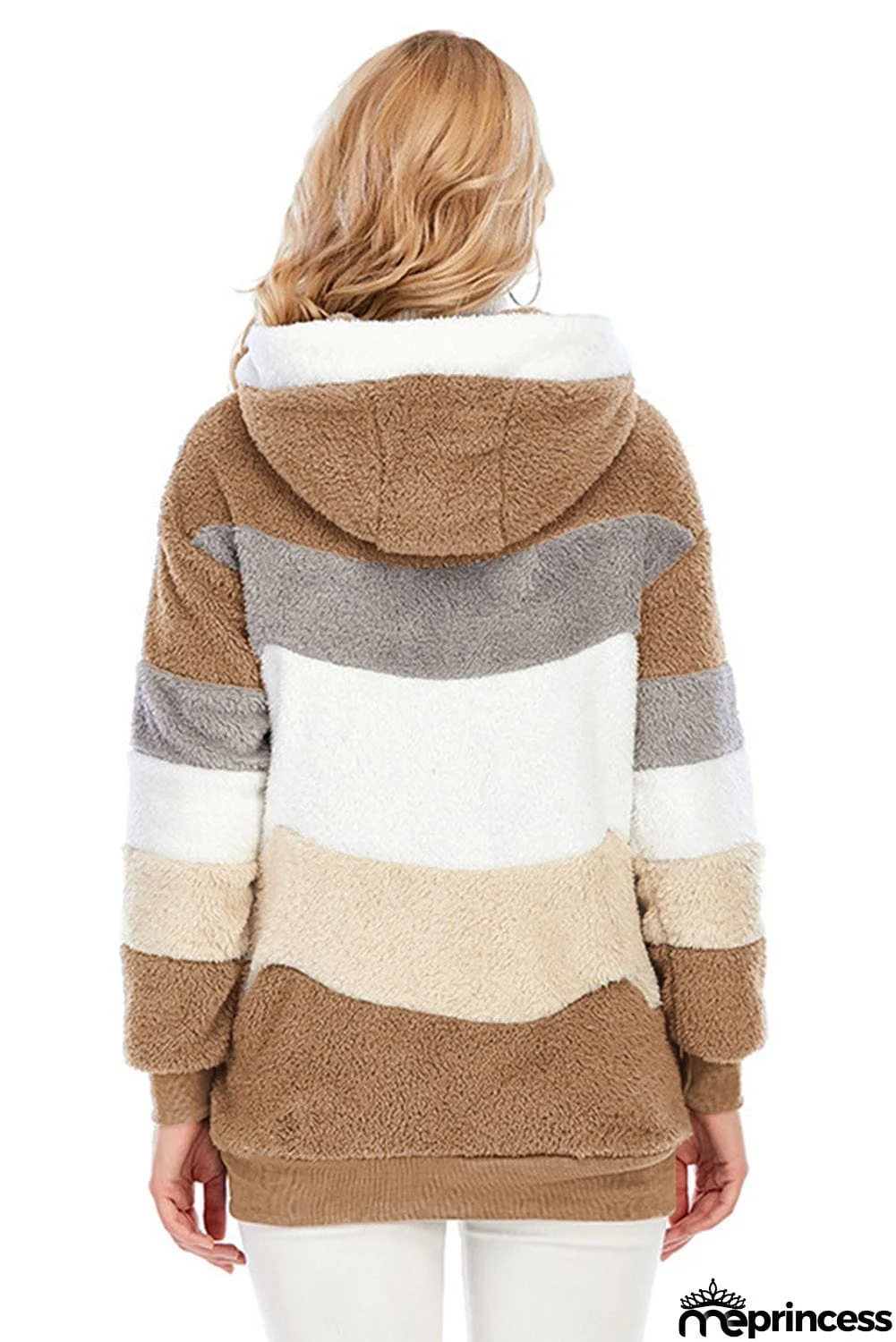 Colorblock Zip Up Sherpa Coat with Hooded