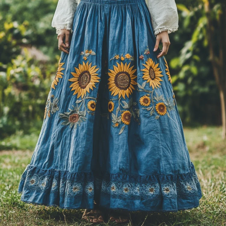Utbros Sunflower Embroidered Lace Art Flowy Linen Skirt