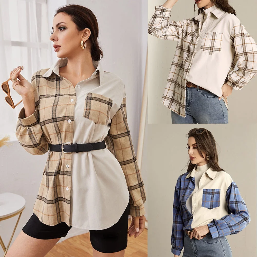 Women Colorblock Cardigan Plaid Women's Shirt Jacket