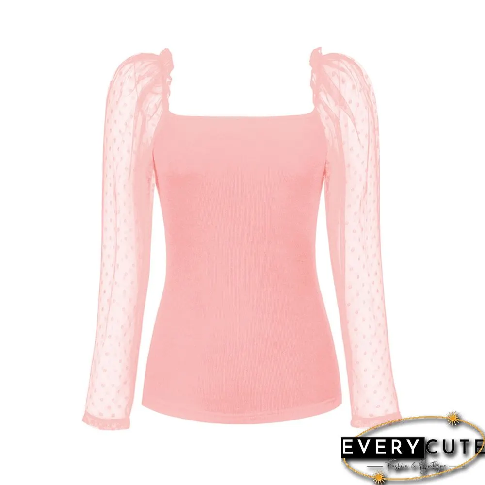 Pink Slim Fit Ribbed Splicing Lace Long Sleeve Tops