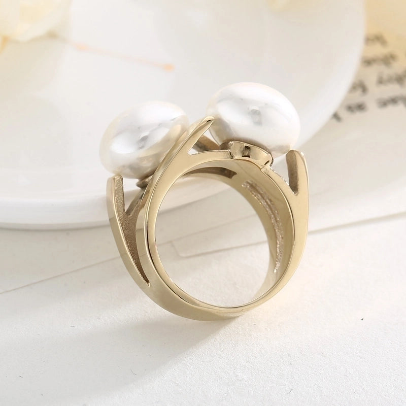Titanium Steel 18K Gold Plated Vintage Style Plating Inlay Irregular Round Pearl Rings