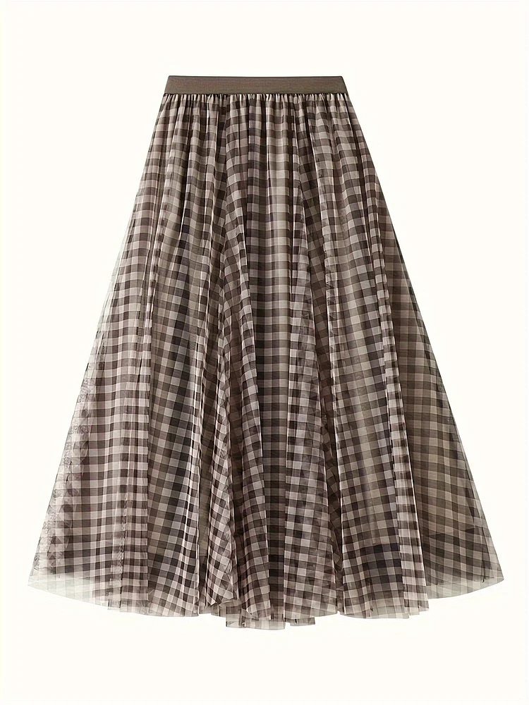 Stylish Plaid A-Line Tulle Skirt - Elastic Waist, Flowy, Layered, Elegant Design - Perfect For Spring And Summer, Women's Clothing, Versatile And Comfortable