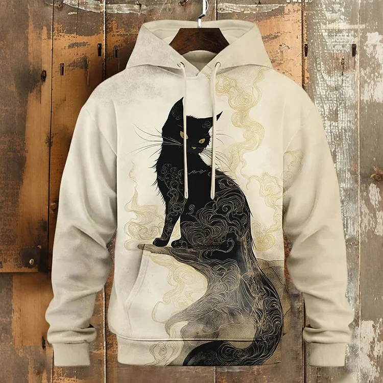 Men's Black Cat Fluid Art Print Hooded Sweatshirt