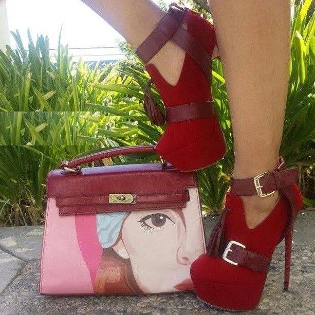 Red Stiletto Boots Ankle Strap Platform Ankle Booties with Tassels |FSJ Shoes