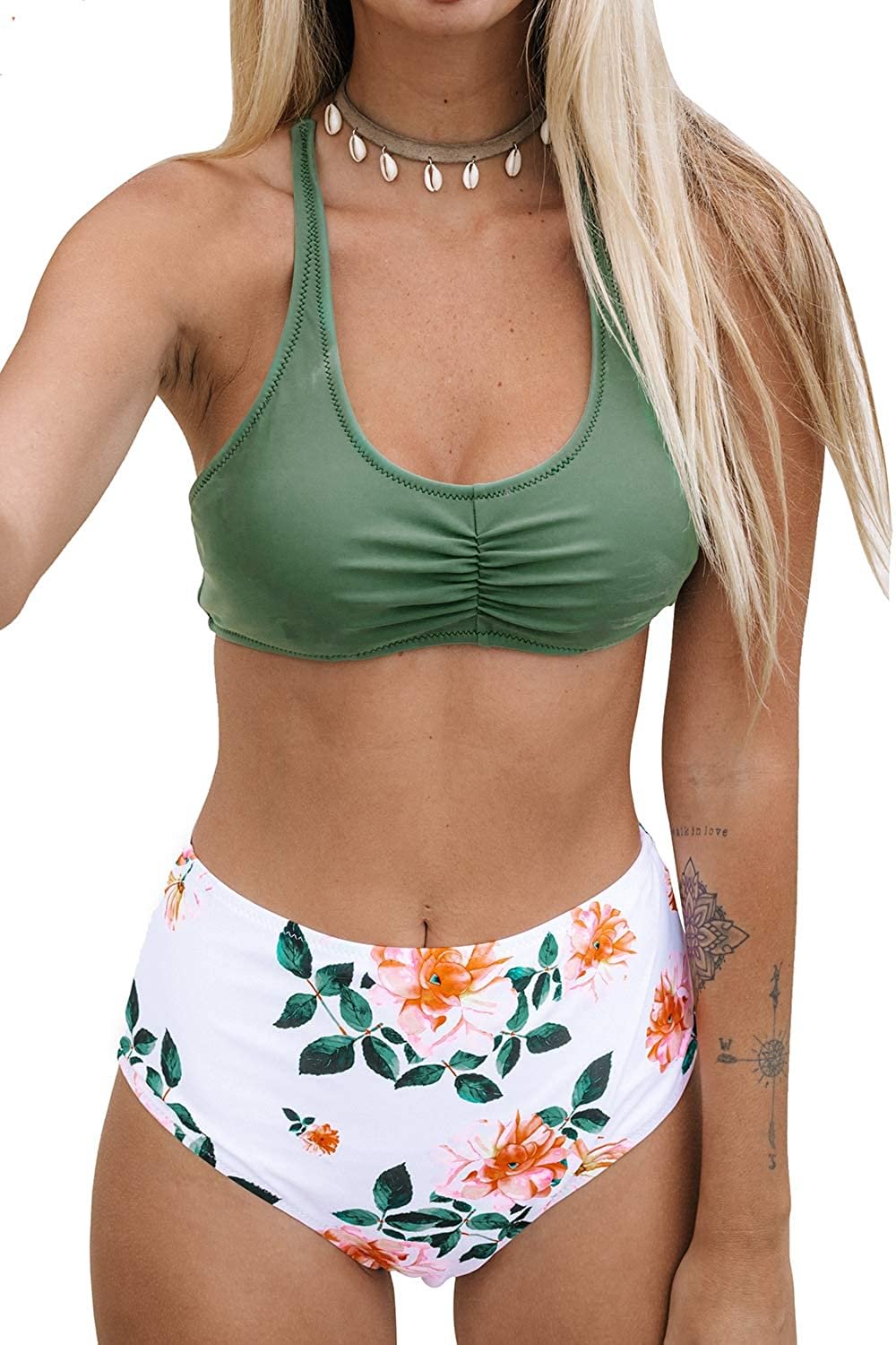 Women's High Waisted Bikini Floral Lace Up Two Piece Swimsuits