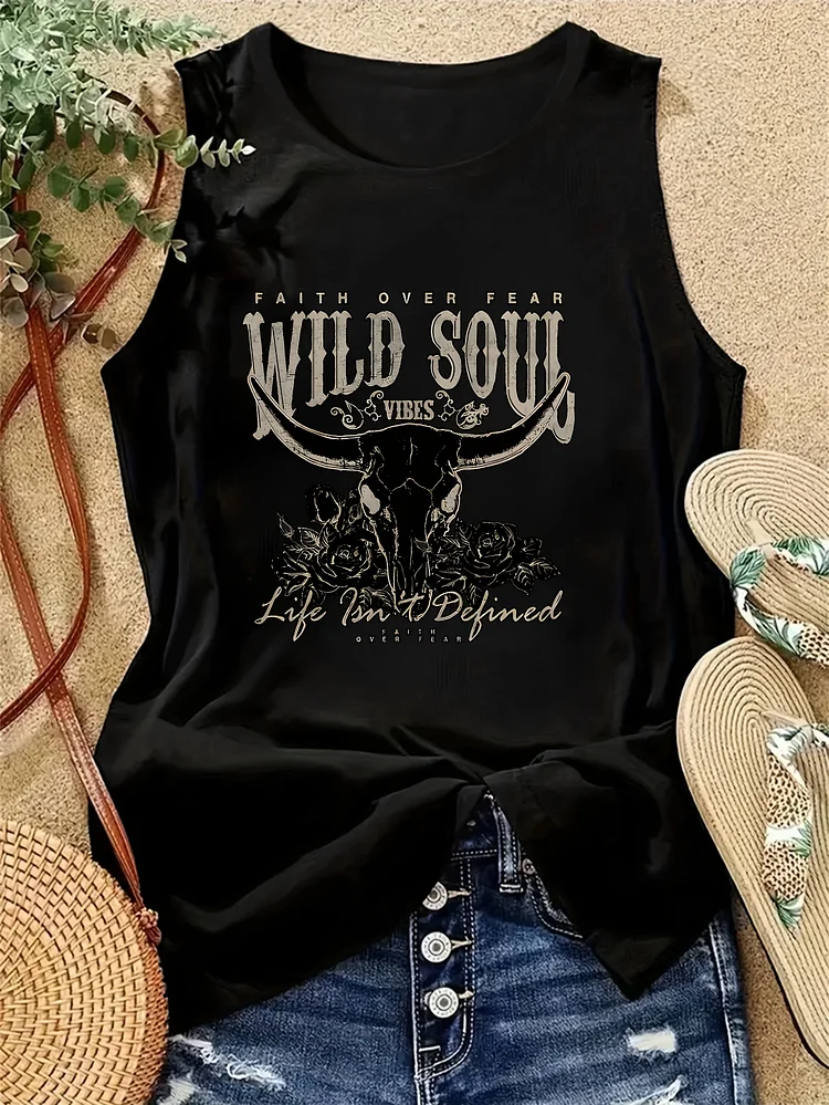 Women's Sleeveless Camisole Top - Black Tank With Bull Head Faith Pattern, Lightweight Non-Transparent Shirt For Beach, Concerts, Casual Attire - Machine Washable Casual Outfits, Tank Tops For S, Concert Apparel, Round Neck Camisole