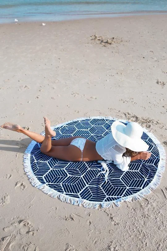 Blue White Striped Geometric Print Fringed Boho Mandala Roundie Beach Throw-elleschic