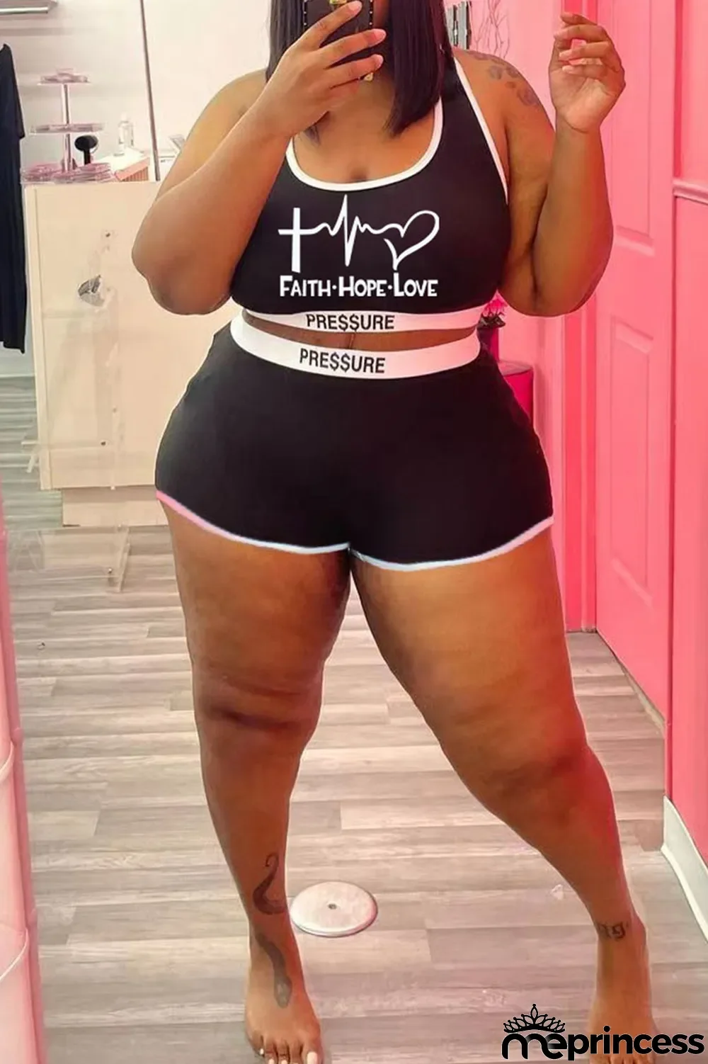 Black Casual Street Print Split Joint U Neck Plus Size Two Pieces