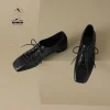 Square Head Low Heel Shoes Female Deep Mouth Single Shoes Thick With Small Leather Shoes Lace Up Black Sheepskin Women Shoes