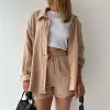 Women's Wrinkled Fabric Casual Long Sleeve Shirt High Waist Drawstring Shorts Two-piece Set