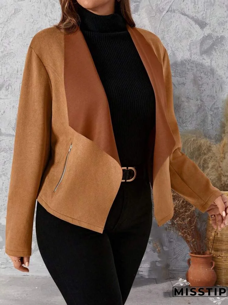 Women's Plus Size Zipper Color Block Long Sleeve Jacket, Sophisticated And Elegant Style, Brown For Autumn
