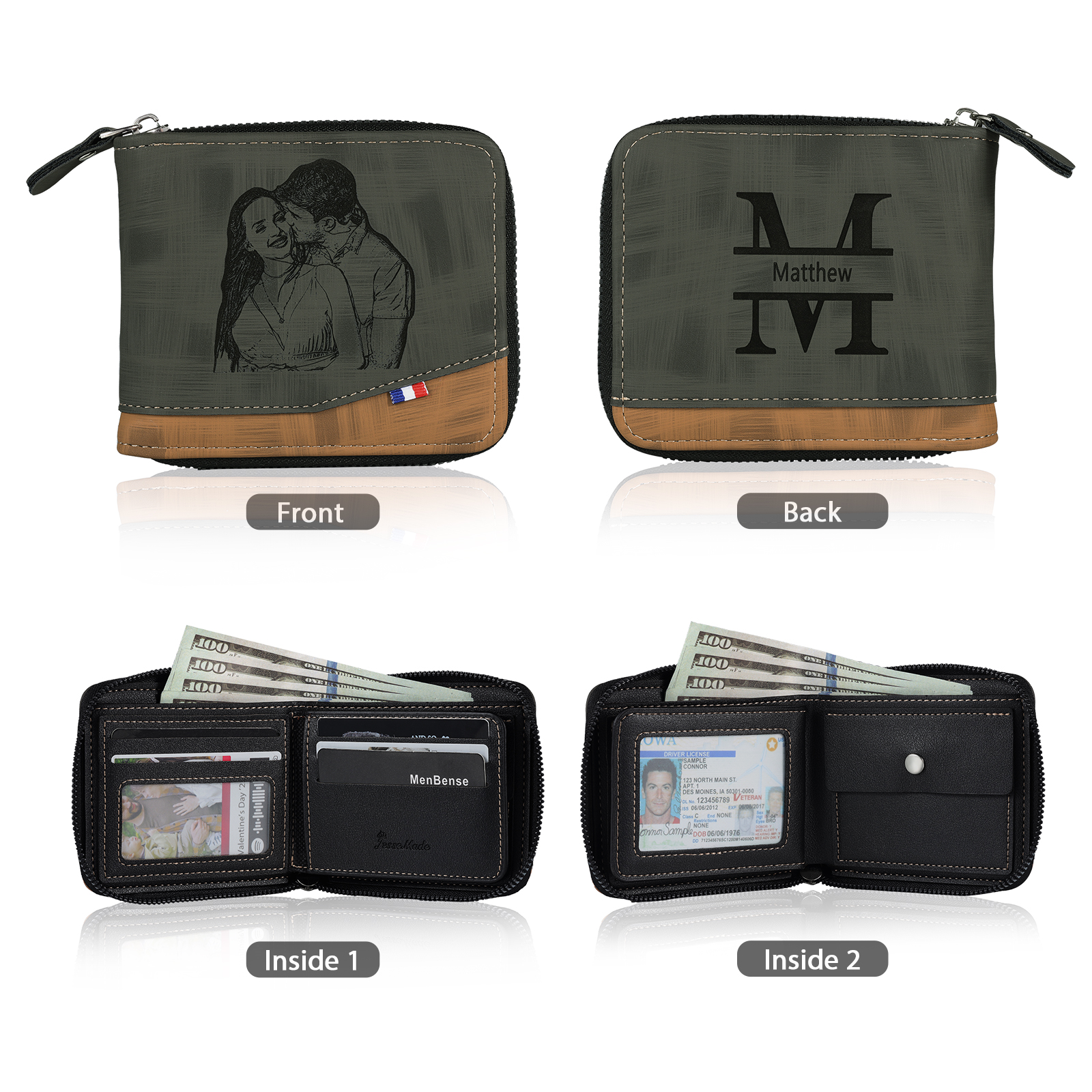 Personalised Photo & Name & Letter Men's Billfold Wallet Monogram Leather Male Wallet Zipper Father's Day Gifts for Dad-Jessemade AU