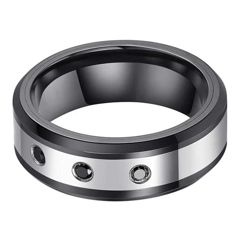 8MM Women's Or Men's Silver Tungsten Carbide Rings Black Polished Beveled Edge Zircon Inlay