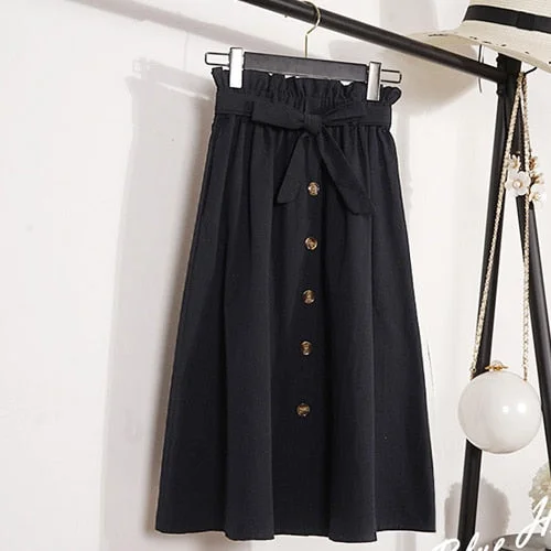 Summer Autumn Skirts Womens 2021 Midi Knee Length Korean Elegant Button High Waist Skirt Female Pleated School Skirt