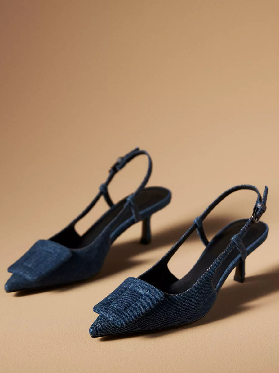 Blue Denim Pointed Toe Kitten Heel Slingback Pumps with Buckles