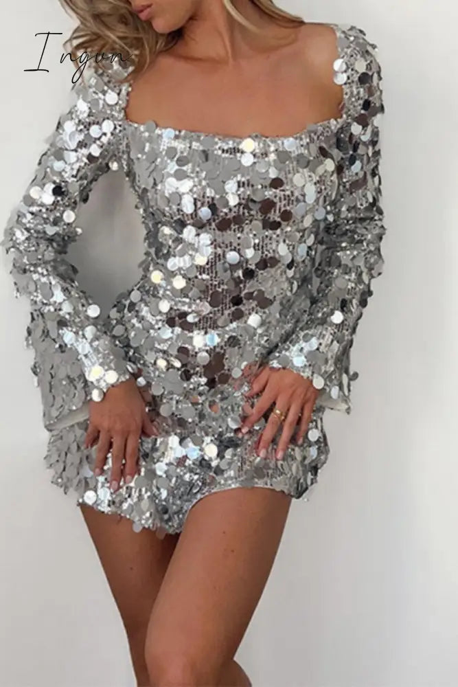 Ingvn - Sexy Patchwork Sequins Frenulum Backless Square Collar Long Sleeve Dresses Silver / S