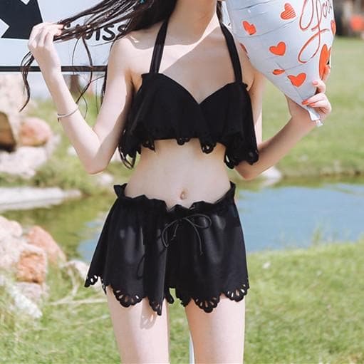 Beige/Black Sweet Falbala Bikini Swimsuit Set SP1710209