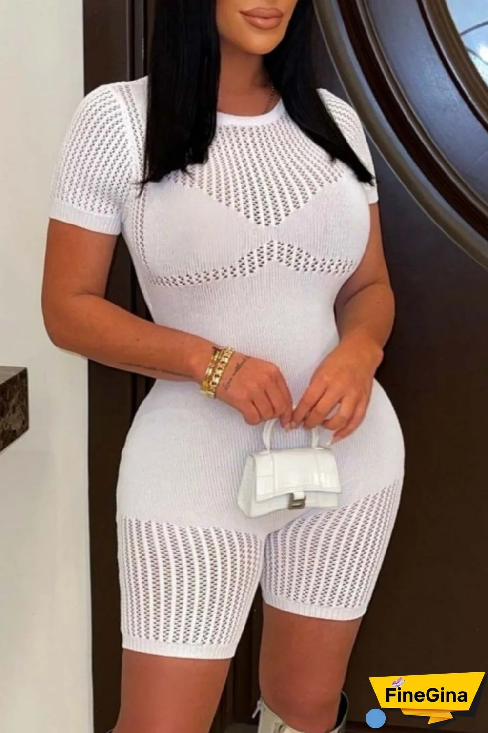 Rose Red Casual Solid Basic O Neck Short Sleeve Skinny Romper