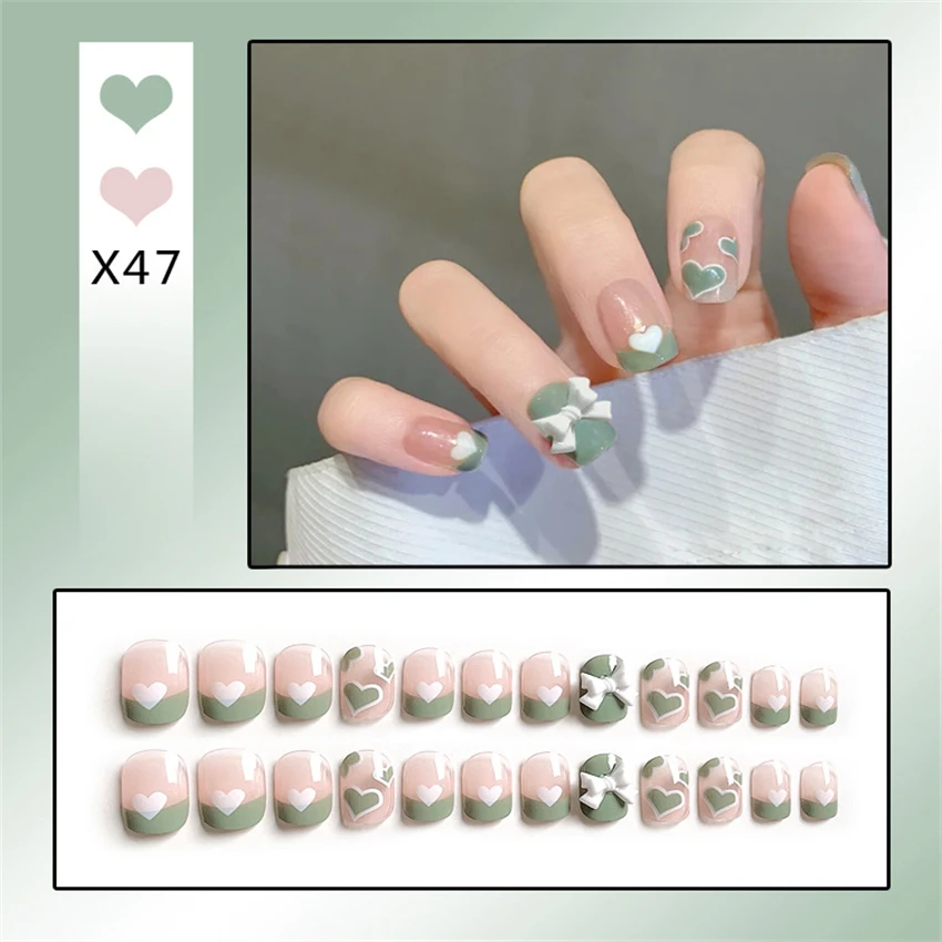 Bayuyun 24Pcs/Set Coffee Leopard French Fake Nails with Diamonds Japan Korean Artificial Acrylic Press on Nails Removable Stick on Nails